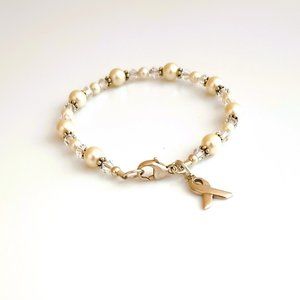 925 Pearl & Crystal Bracelet 7.5" SIC Sterling Silver Breast Cancer Awareness